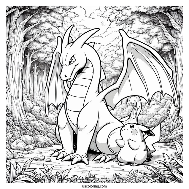 Realistic Charizard With Pikachu In The Forest Coloring Sheet