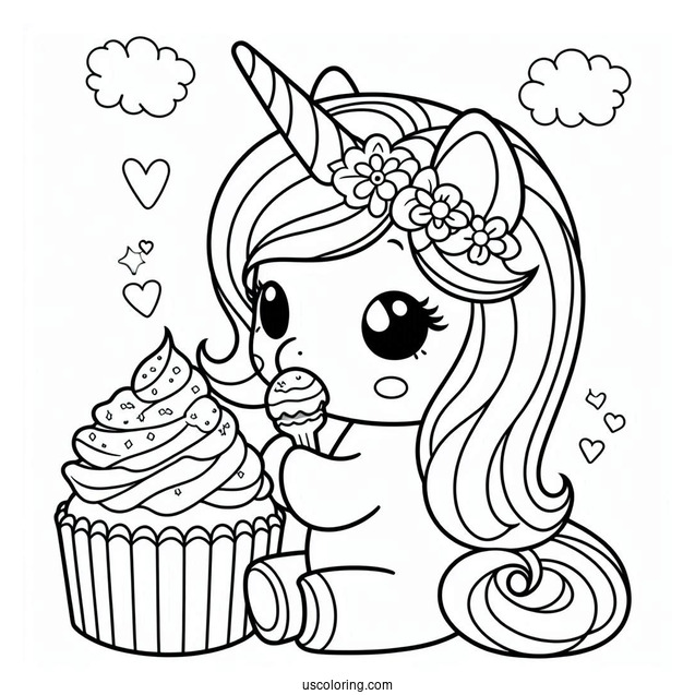Unicorn My Melody Coloring Page Eating Cupcake