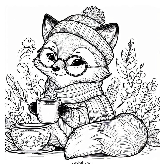 Smart Fox With A Beanie And Glasses Drinking Tea
