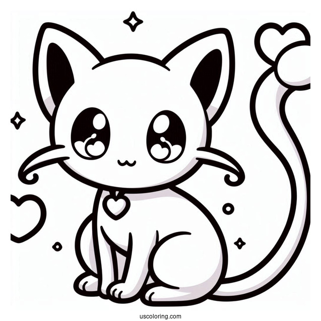 Kawaii Mew Coloring Page With Heart Shaped Tail For Preschoolers