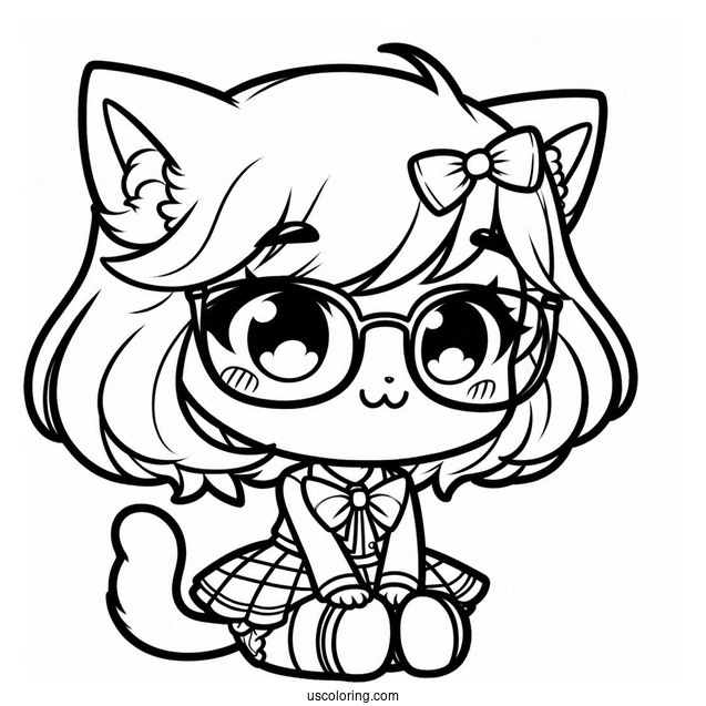 Chibi Nerdy Cat Girl Coloring Sheet For Kids
