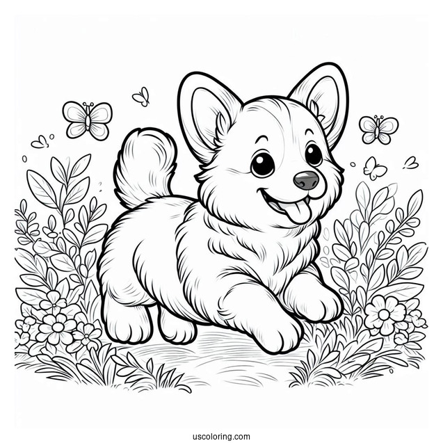 Puppy Corgi Coloring Page Running In Garden