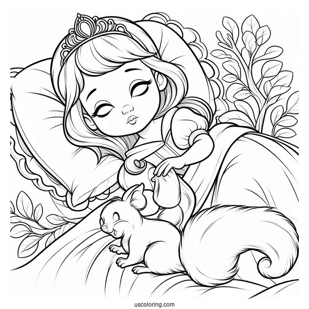 Sleeping Beauty Coloring Page Of Baby Princess Aurora Playing With A Squirrel For Kids