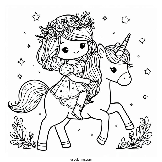 Cute Coloring Page Little Girl Riding A Unicorn