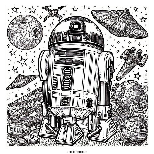 Simple R2-D2 Coloring Page In A Starship