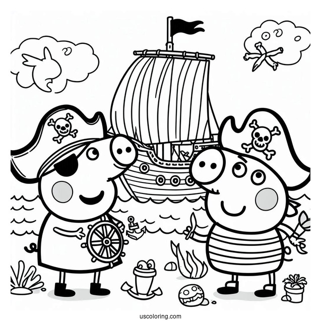 Peppa Pig Playing Pirates With Friend Coloring Page