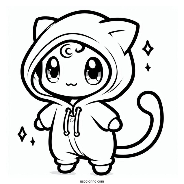 Cute Mew Coloring Page In Onesie With Hoodie For Kids