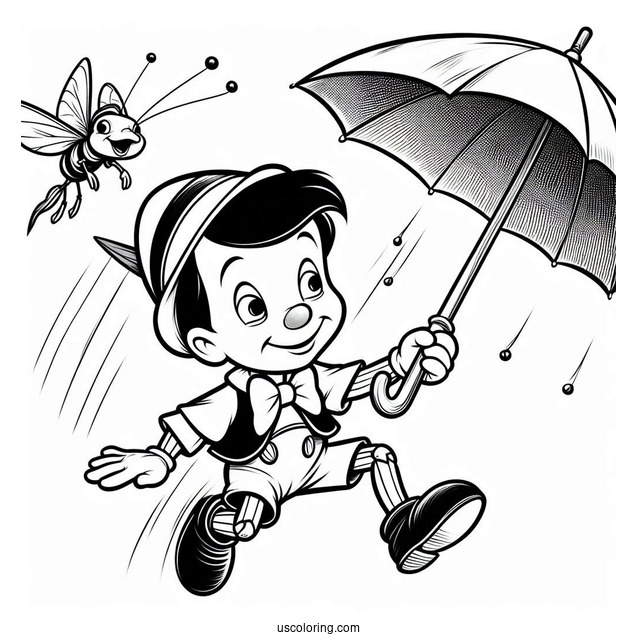Pinocchio Coloring Page Of Jiminy Cricket Floating Down Using Umbrella