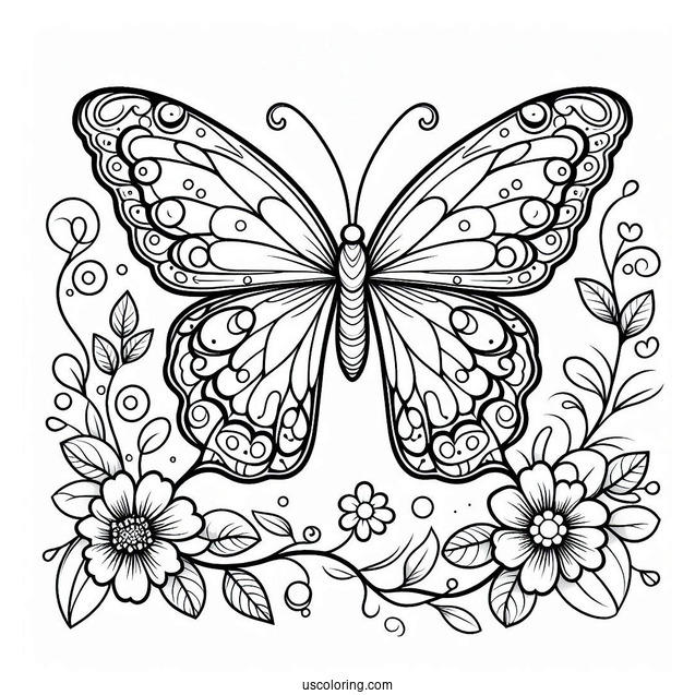 Beautiful Butterfly Coloring Page On A Vine Of Flowers