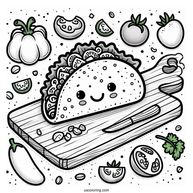 Cute Taco On A Chopping Board Surrounded By Vegetables