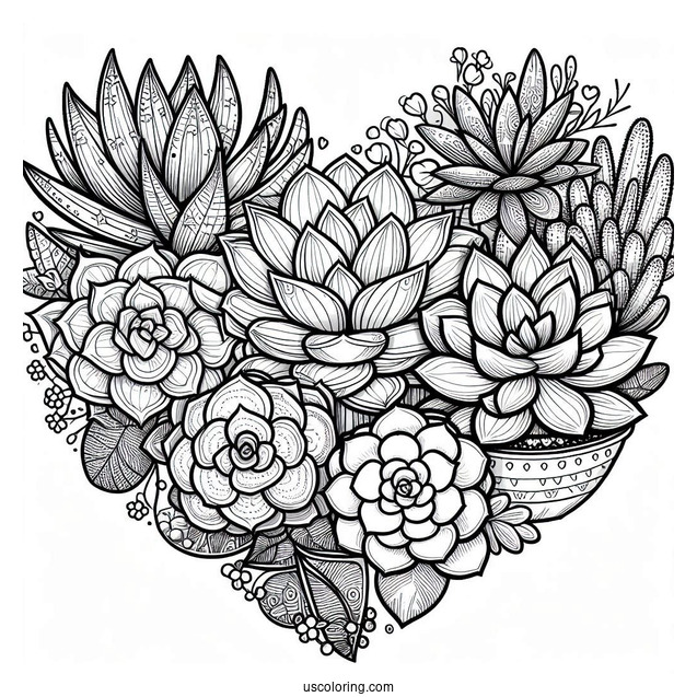 Various Succulent Coloring Page In A Heart Shaped Container