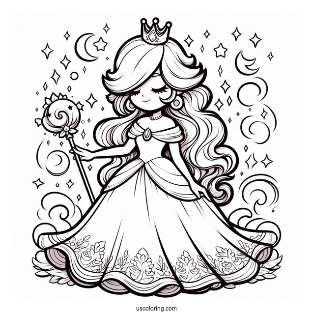 Rosalina Coloring Page Wearing Long Gown And Holding Wand With Luma