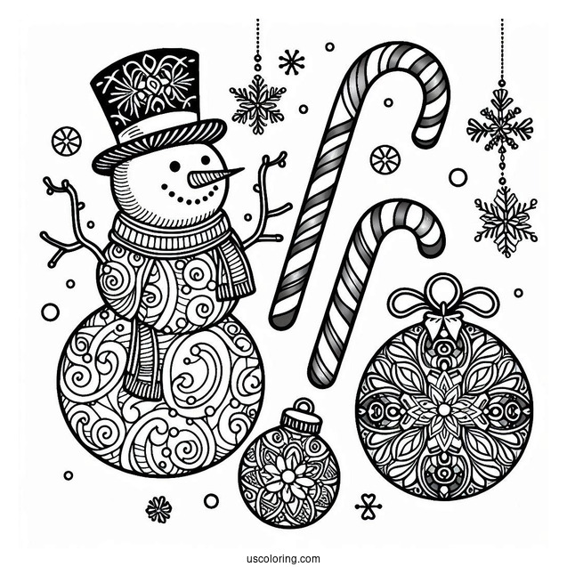 Snowman, Bauble, And Candy Cane Christmas Mandala