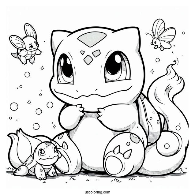 Bulbasaur Coloring Page Playing With Charmander And Squirtle