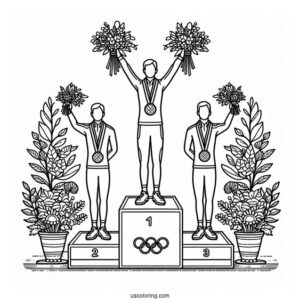 Olympics Coloring Page Of Athletes On Tri Level Podium With Medals And Flowers