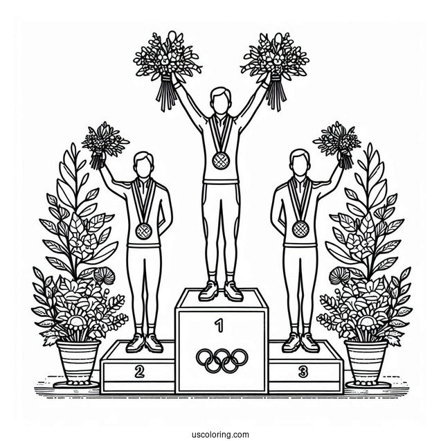 Olympics Coloring Page Of Athletes On Tri Level Podium With Medals And Flowers