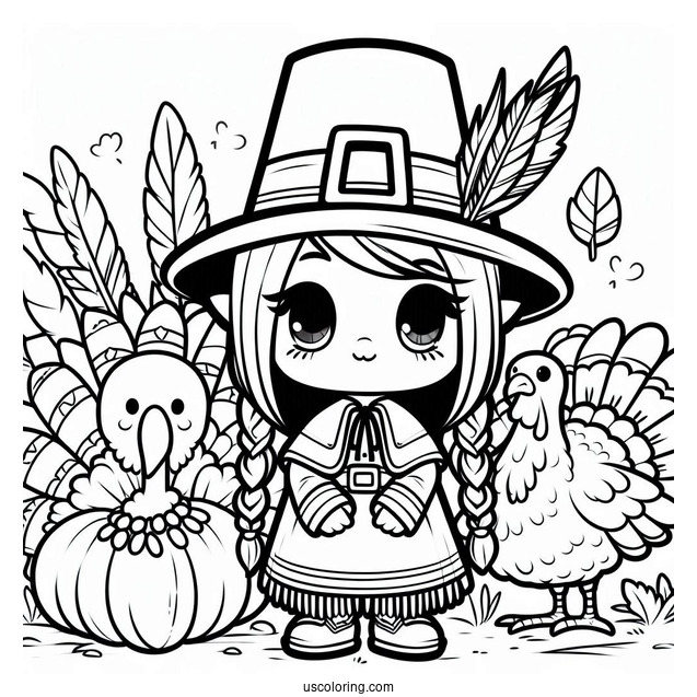 Chibi Pilgrim Coloring Page With Native Americans And A Turkey