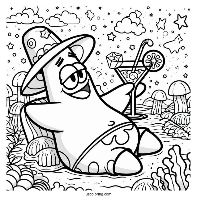 Patrick Star Coloring Page Drinking Cocktail In Front Of Jelly Fields