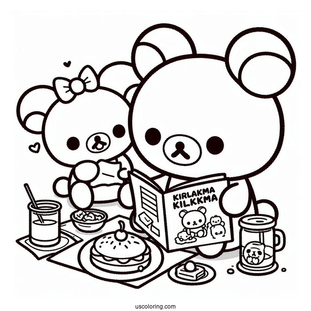 Rilakkuma Coloring Page Of Korilakkuma, And Kiiroitori Eating While Reading Magazine For Kids