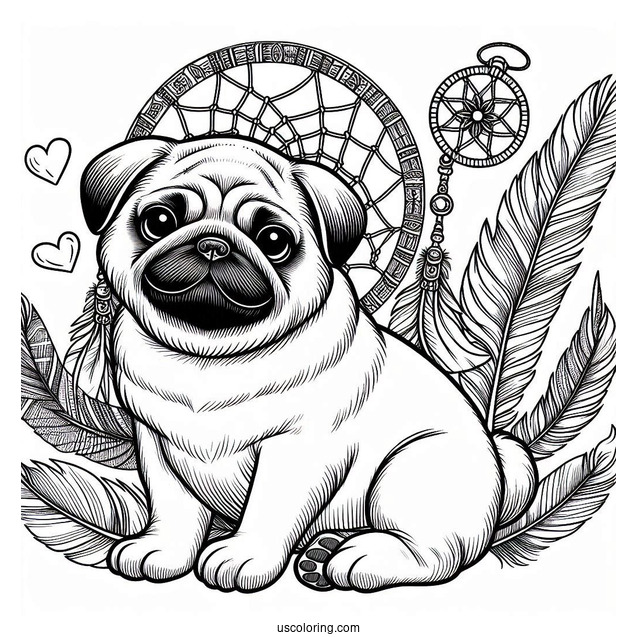 Pug Coloring Page Dreamcatcher with Feathers and Bones