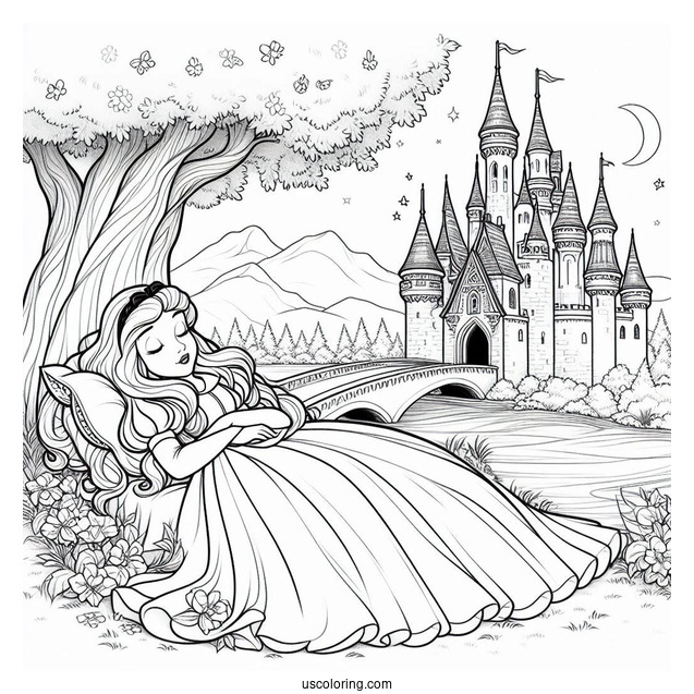 Sleeping Beauty Coloring Page Of Snow White And Aurora Outside A Castle