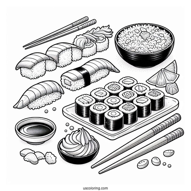 Realistic Sushi Coloring Pages Plate