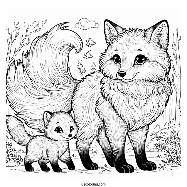 Realistic Mama Fox Coloring Page With Baby Fox In Forest