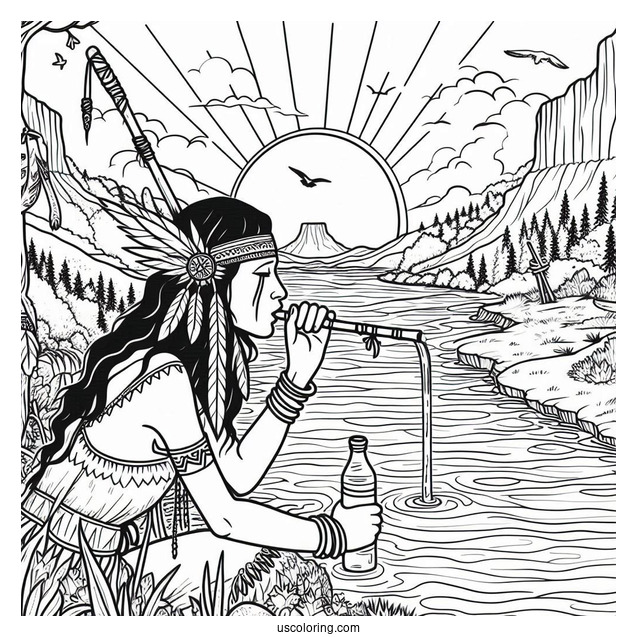 Native American Coloring Page Woman Holding Spear While Drinking From River