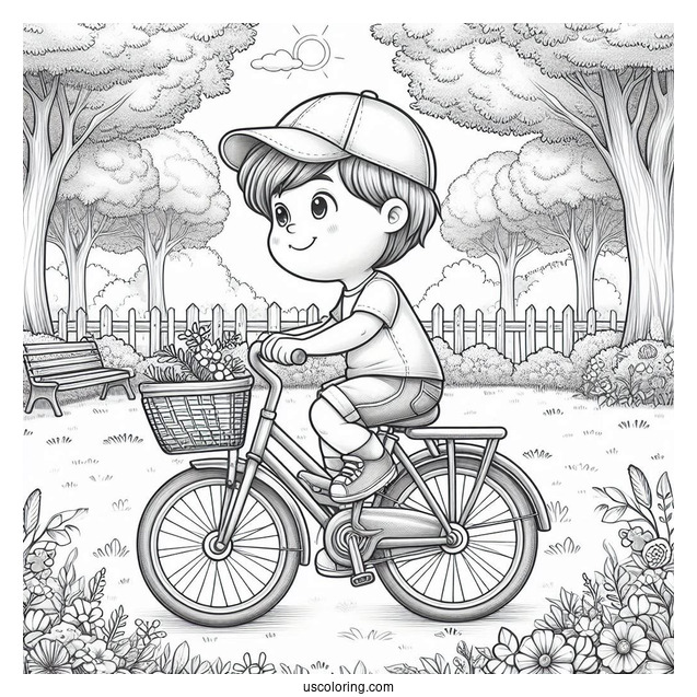 Realistic Little Boy Riding Bicycle Coloring Page In A Park