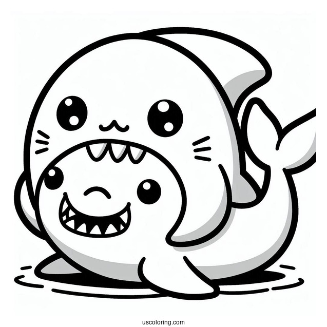 Kawaii Cartoon Shark Play Biting A Sea Lion Coloring Page For Kids