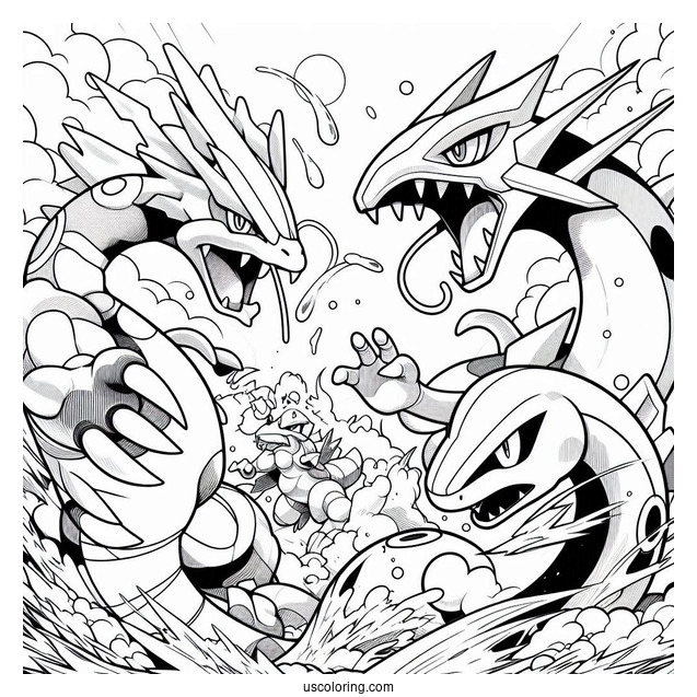 Kyogre Fighting With Groudon And Rayquaza Coloring Page