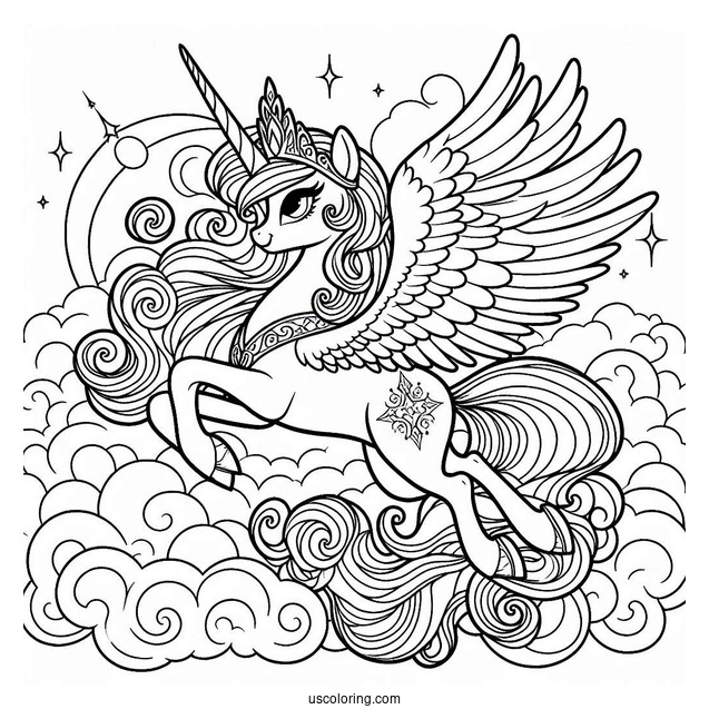 Majestic Princess Celestia Coloring Page Flying In The Clouds