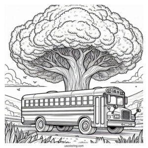 School Bus Coloring Page Parked In Front Of A Massive Tree