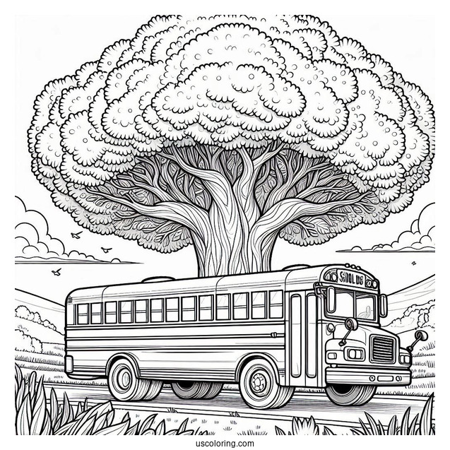 School Bus Coloring Page Parked In Front Of A Massive Tree