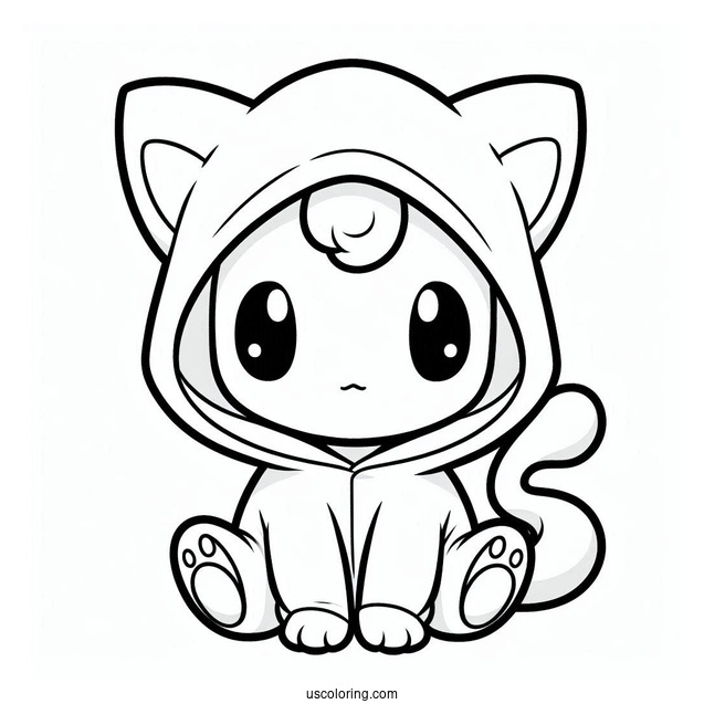 Cute Mew Coloring Page In Onesie With Hoodie For Kids