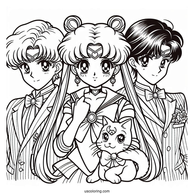 Sailor Moon, Tuxedo Mask, and Chibusa Coloring In