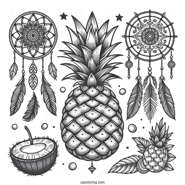Pineapple Coloring Page Dreamcatcher With Mandala and Coconuts