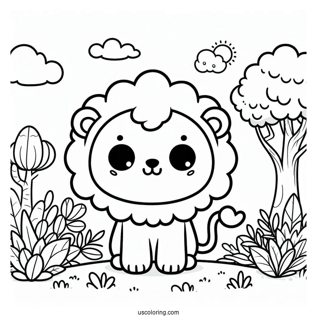 Jungle Coloring Page Of Kawaii Chibi Lion For Preschoolers
