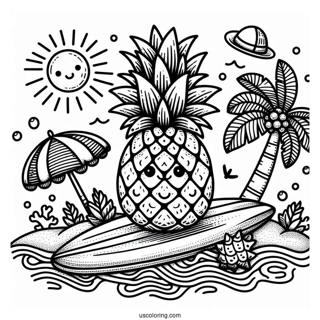 Pineapple Surfing In Summer Coloring Page For Kids
