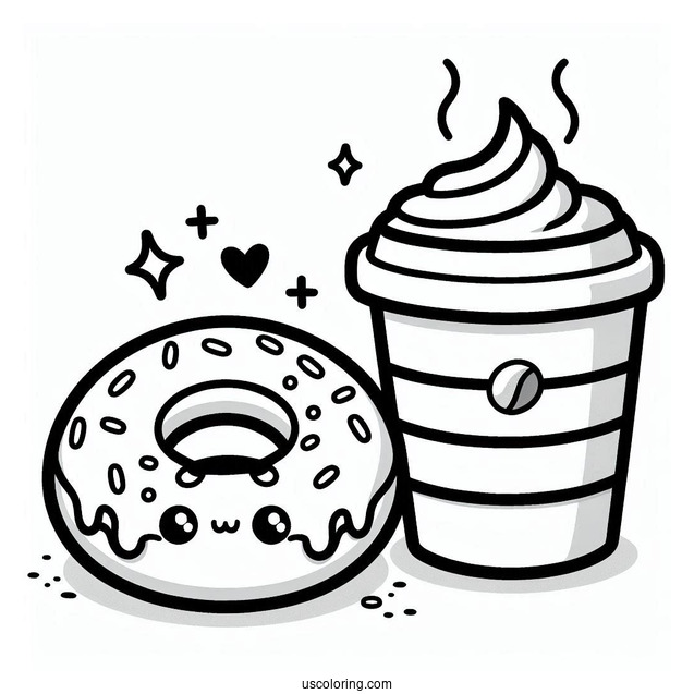 Cute Kawaii Donut And Coffee Coloring Page
