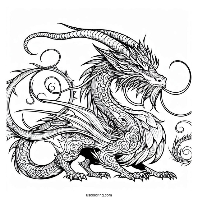 Detailed Dragon With Long Whiskers And Big Horns Coloring Page