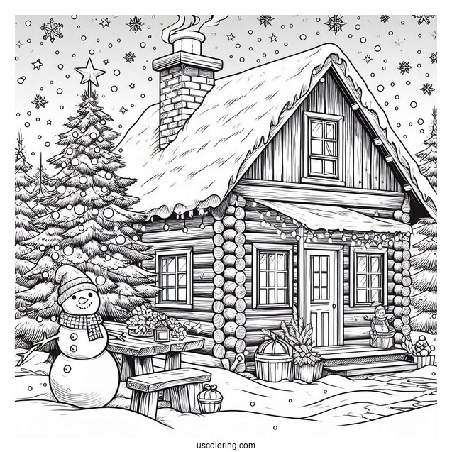 Christmas Coloring Pages For Adults Of Realistic Cabin In Winter With Snowman Outside Coloring Sheet