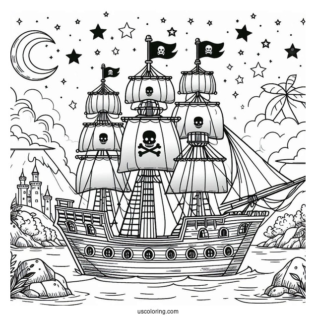 Large Cartoon Pirate Ship Coloring Page Near An Island