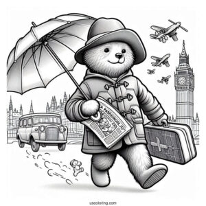 Paddington Coloring Page Rushing In London With His Newspaper, Umbrella, And Suitcase