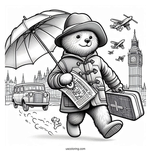 Paddington Coloring Page Rushing In London With His Newspaper, Umbrella, And Suitcase