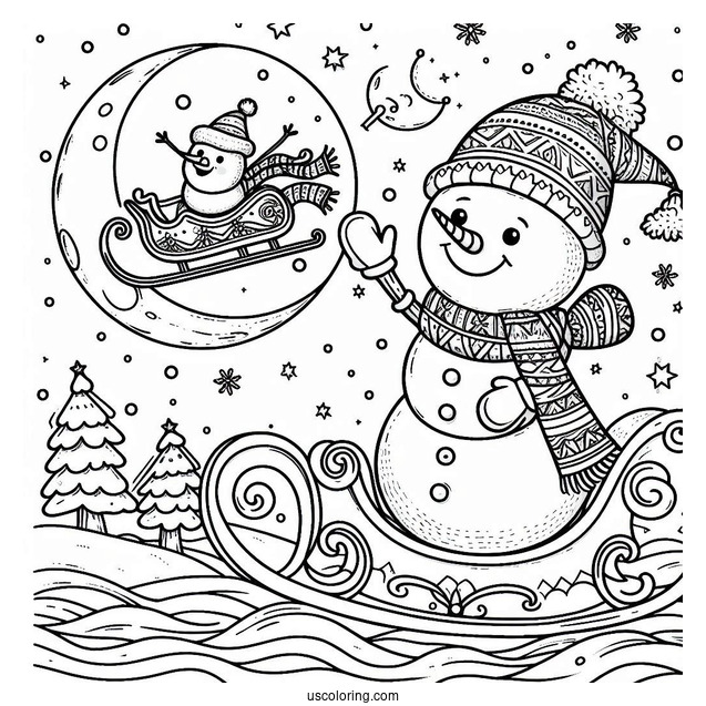 Snowman Waving At Santa On A Sleigh Flying Over The North Pole Coloring Page