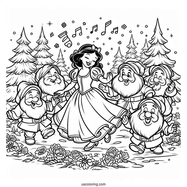 The Seven Dwarves Dancing Around Snow White Coloring Pages