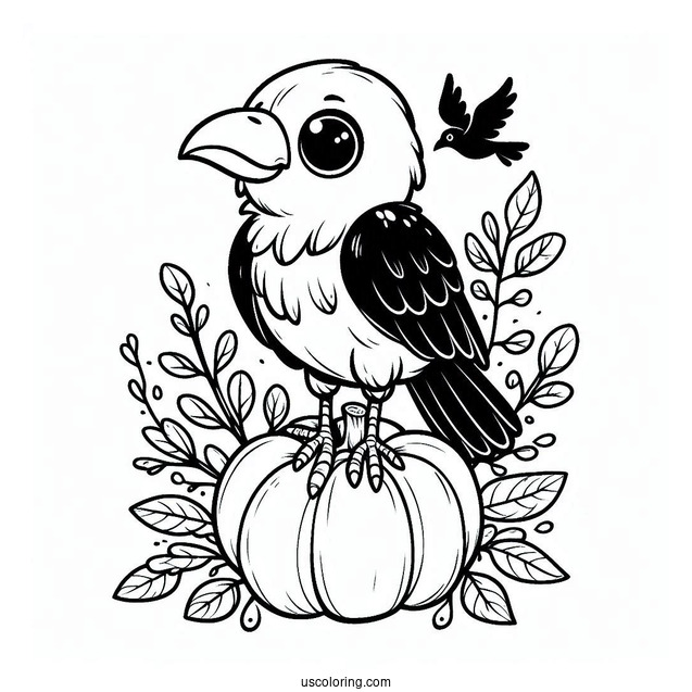 Cartoon Raven Coloring Page Standing On Pumpkin For Kids