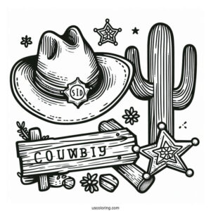 Cowboy Coloring Page Hat, Sheriff s Badge, Cactus, And Wooden Road Sign