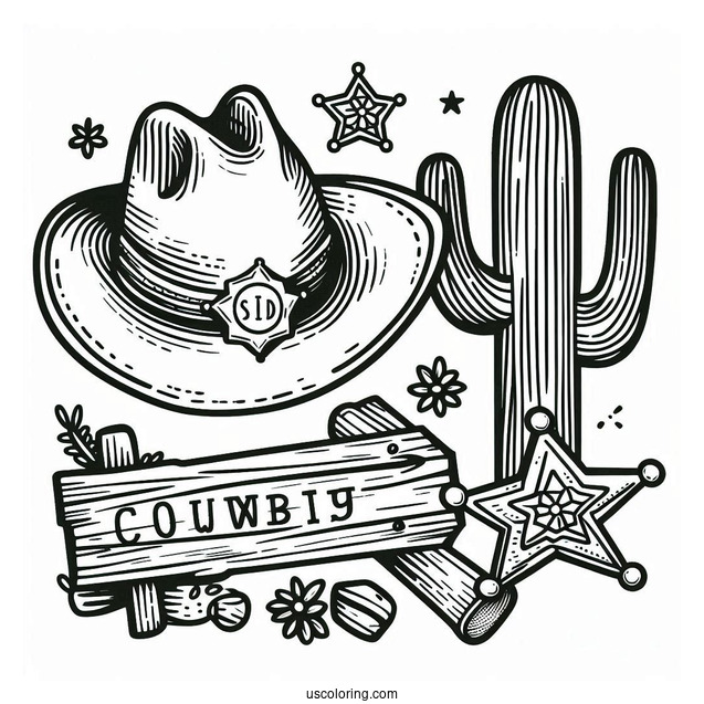 Cowboy Coloring Page Hat, Sheriff s Badge, Cactus, And Wooden Road Sign